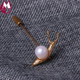 10*11mm Freshwater Pearl Gold Color Snails Long Brooches Women Ethnic Animal 100% Real Sterling 925 Silver Handmade Jewelry YX06